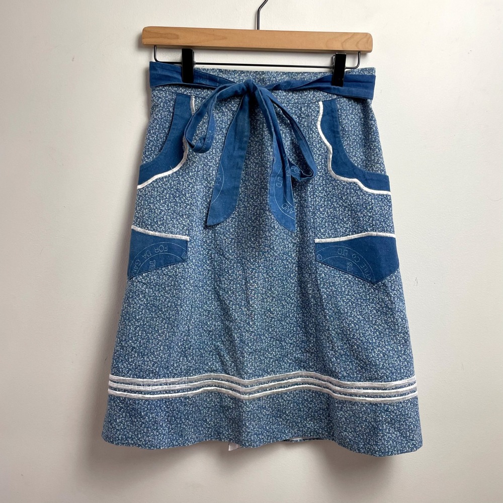 Handmade Blue Floral Wrap Skirt A-Line Tie Waist XS Folk Cottagecore Retro 70s